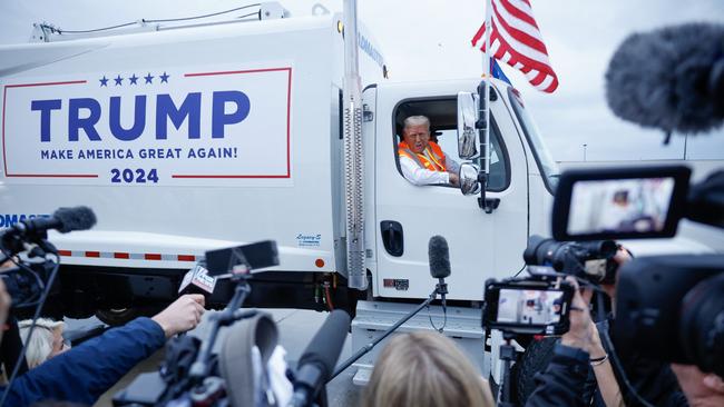 Donald Trump holds a press conference from inside a garbage truck in Wisconsin in October. Picture: Chip Somodevilla/Getty Images/AFP