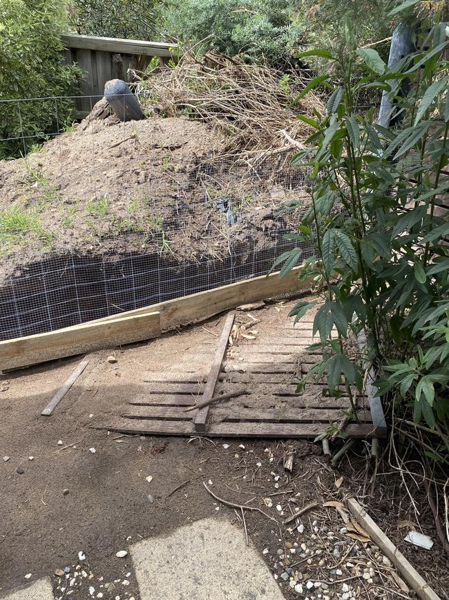 Mounds of dirt remains in the back yard of a McCrae property after a landslide in November, 2022 Picture: supplied.