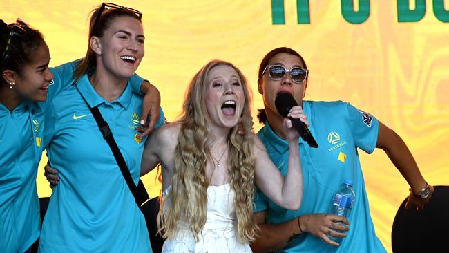 Matildas players Mary Fowler, Steph Catley, and Sam Kerr with singer Nikki Webster. Picture: Dan Peled / NCA NewsWire