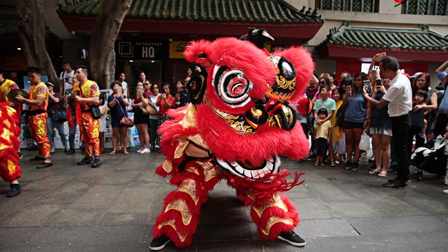 A lion dance group from Hurstville performing in Sydney’s China Town. Adam Yip/The Australian