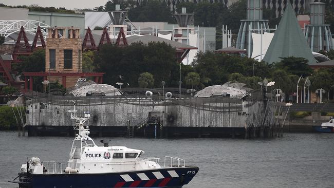 A Singapore Police Vessel guards the Capella Hotel where the summit will take place. Picture: AP.