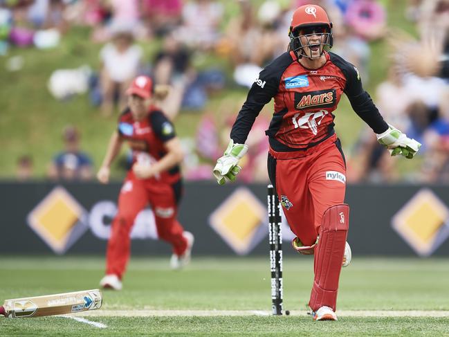 Emma Inglis of the Renegades celebrates running out Erin Burns.