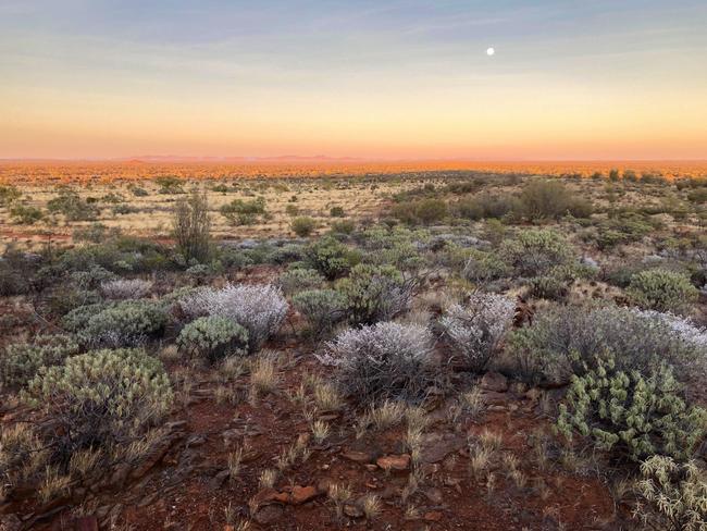 The moon makes a quiet appearance in a tranquil desert sunset. Picture: Kiya Broad