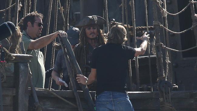 Johnny Depp during filming of the Pirates of the Caribbean at the set in Doug Jennings Park on The Spit in Broadwater, Gold Coast. Picture: Regi Varghese