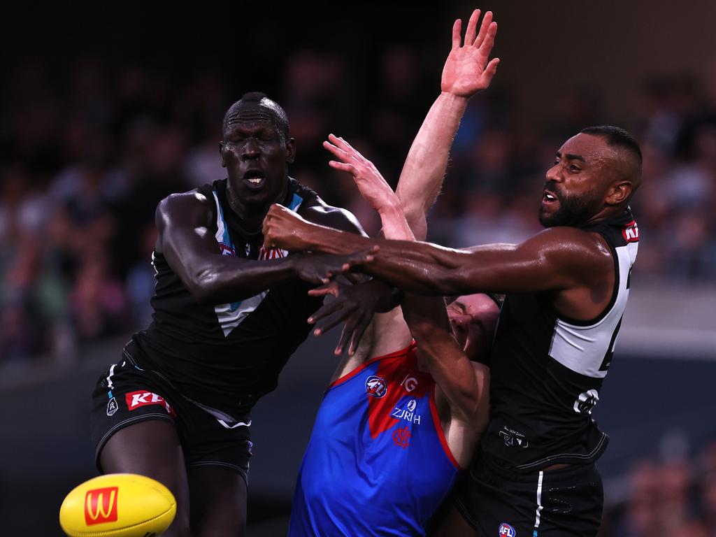 Mick McGuane has serious concerns about Port Adelaide’s key defenders including Aliir Aliir and Esava Ratugolea. Picture: James Elsby/AFL Photos via Getty Images