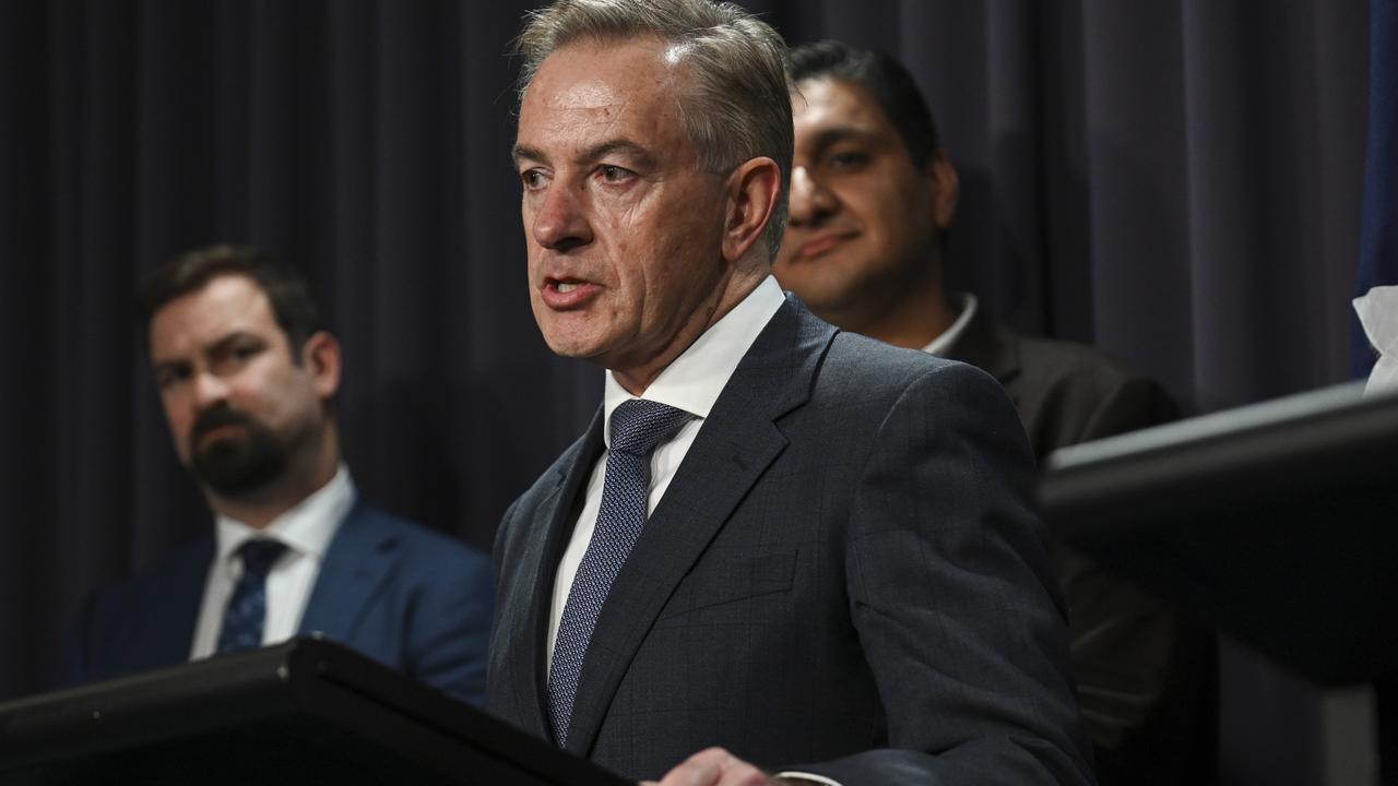 Toyota Australia CEO Matthew Callachor stood with Climate Change Minister Chris Bowen to support the New Vehicle Efficiency Standard. Picture: NCA NewsWire / Martin Ollman