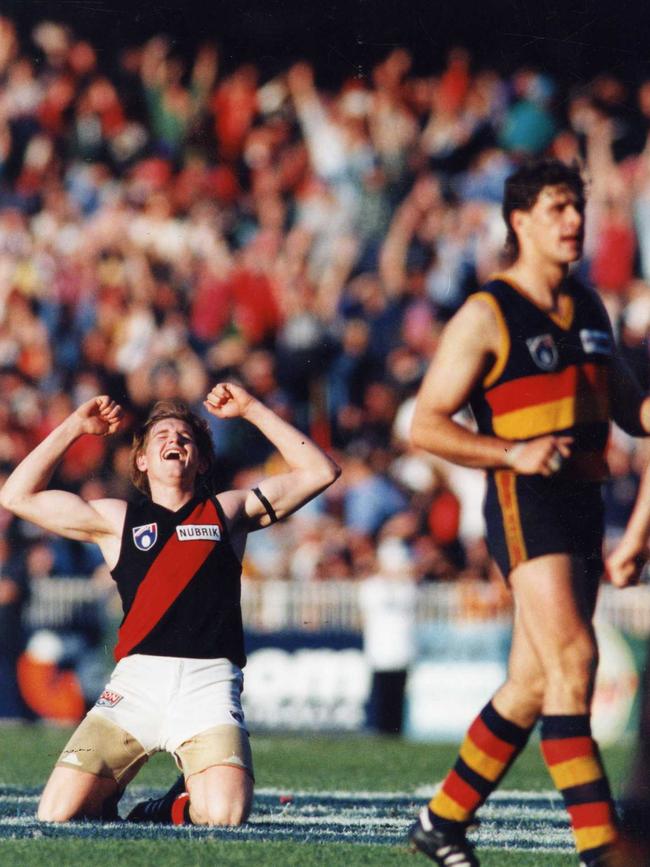 James Hird celebrates Essendon’s preliminary final win in 1993. Picture: Ray Titus