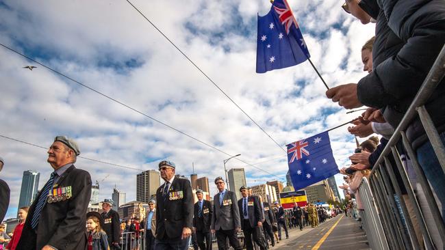 The Anzac Day march, which runs down Melbourne's St Kilda Road to the Shrine of Remembrance, was last held in 2019. Picture: Jason Edwards