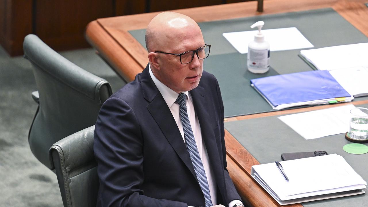 Opposition leader Peter Dutton took a dig at the Prime Minister while wishing him a safe trip to the ASEAN summit in Laos. Picture: NewsWire / Martin Ollman