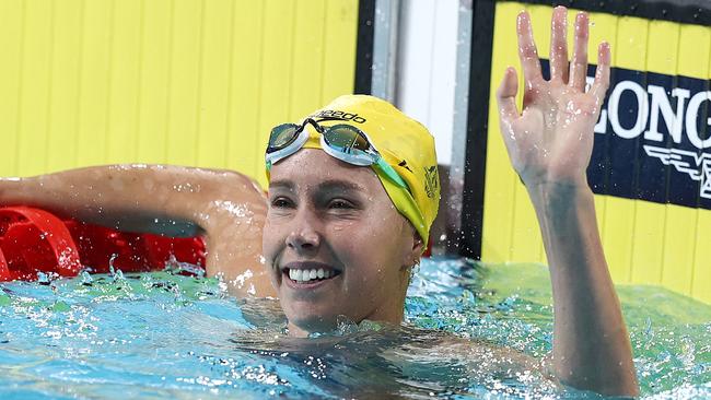 Emma McKeon celebrates her gold medal in the 50m freestyle. Picture: Michael Klein