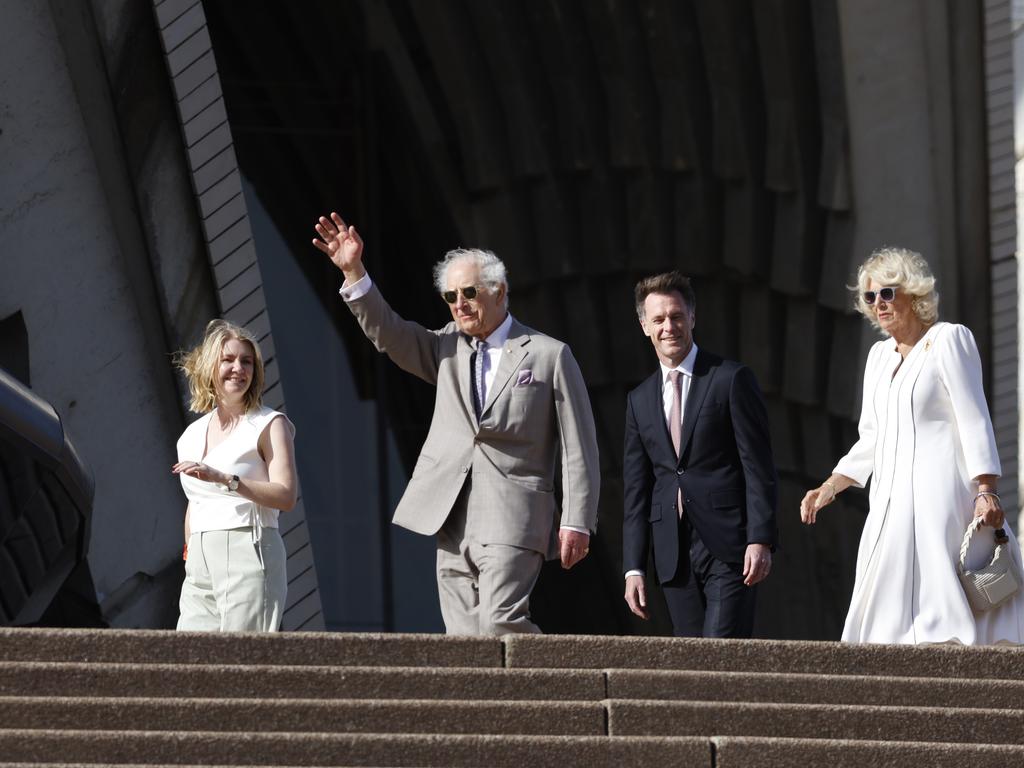 King Charles III and Queen Camilla attended the Sydney Opera House with NSW Premier Chris Minns and his wife Anna. Picture: NewsWire/Damian Shaw