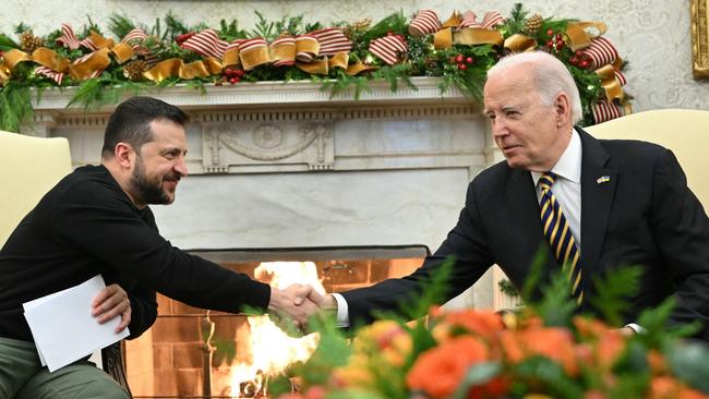 US President Joe Biden shakes hands Zelensky in the Oval Office last week. Picture: AFP