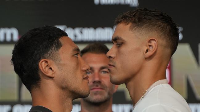 Jai Opetaia faces off with David Nyika ahead of their world title fight on the Gold Coast on Wednesday.