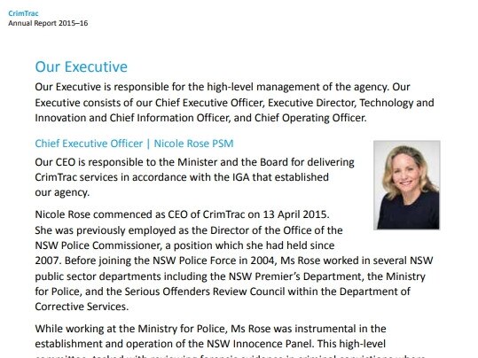 A CrimTrac annual report details Ms Rose’s responsibilities and experience. Picture: Supplied