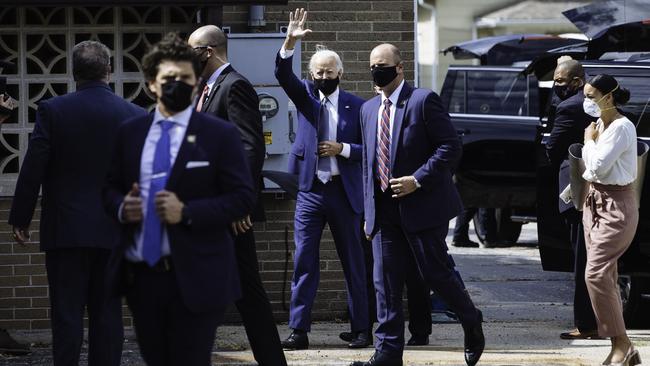 Joe Biden arrives at the Grace Lutheran Church. Kenosha, Wisconsin last week. Picture: Angus Mordant