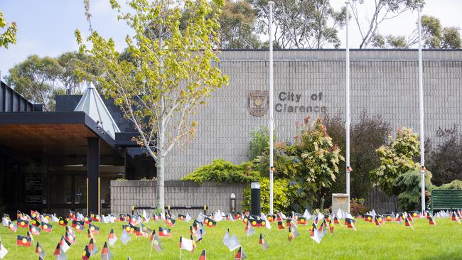 Aboriginal flags at Clarence City Council Chambers. Picture: RICHARD JUPE