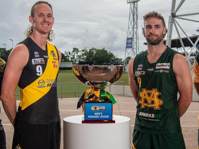 Nightcliff coach Leigh Crossman, Ryan Nyhuis, Dylan Landt  and Saints Anthony Vallejo ahead of the 2023-24 NTFL grand final. Picture: Pema Tamang Pakhrin