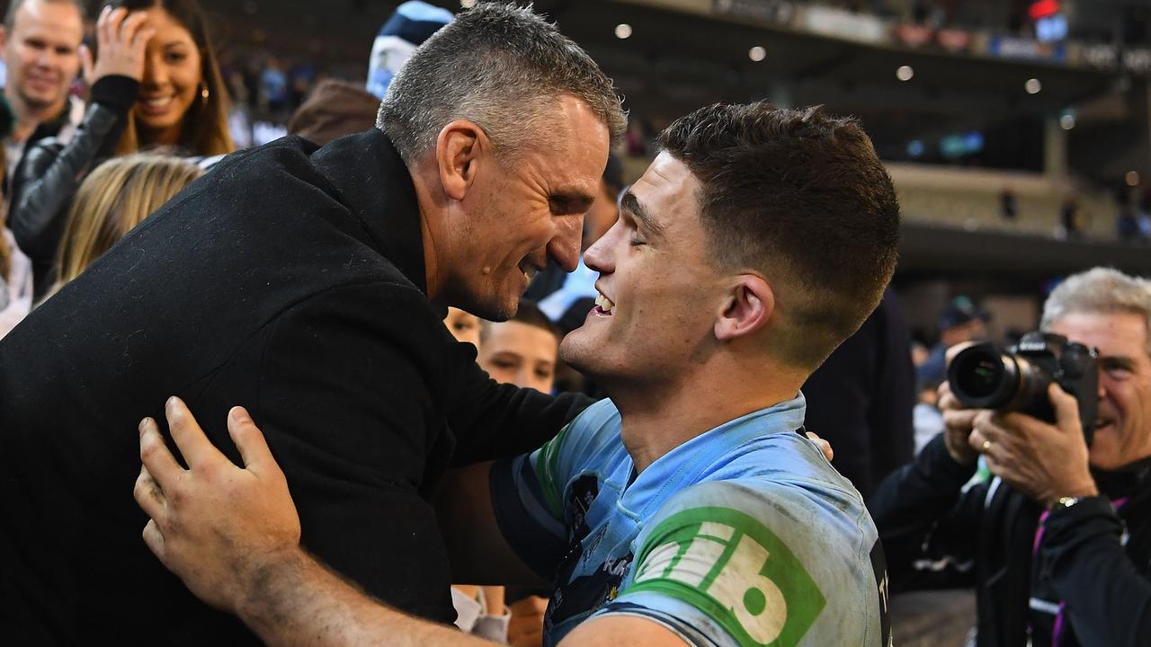 Nathan Cleary of the Blues is congratulated by his father Ivan Cleary after winning game one of the State of Origin series.