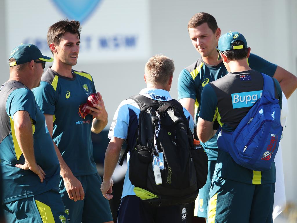 David Warner with Aussie quicks Pat Cummins and Josh Hazlewood. Picture. Phil Hillyard