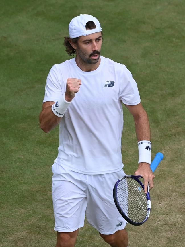 Jordan Thompson pumps his fist on the way to beating Kei Nishikori. Picture: Getty Images