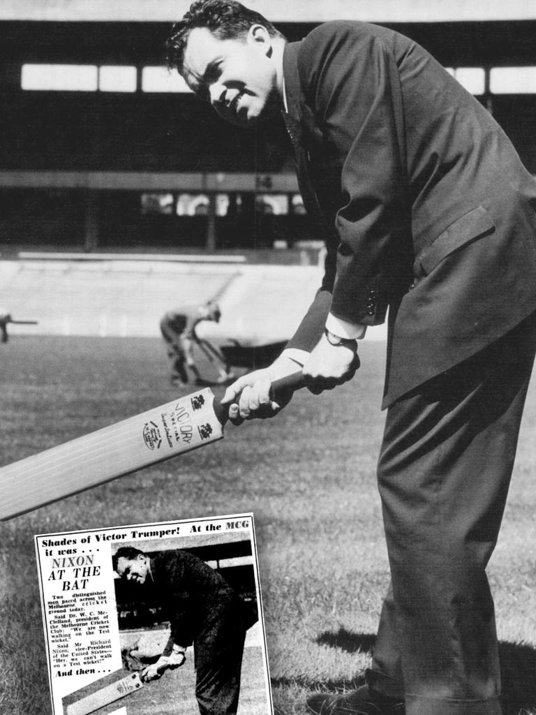 Richard Nixon swings a cricket bat on the turf of the MCG in 1953 and, inset, as it was reported in the Herald newspaper. Pictures: Alamy Stock Photo, Trove