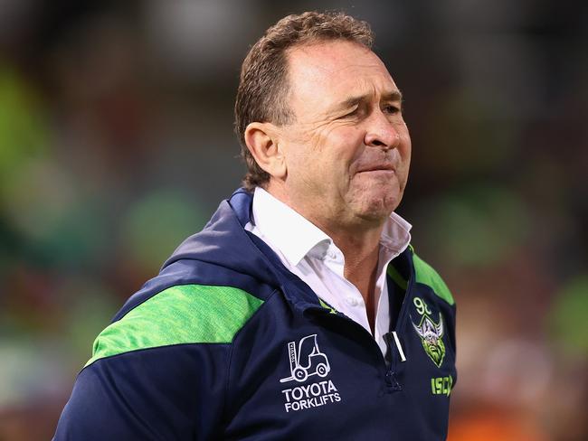 CANBERRA, AUSTRALIA - AUGUST 06: Raiders coach Ricky Stuart watches on from the bench during the round 23 NRL match between Canberra Raiders and Wests Tigers at GIO Stadium on August 06, 2023 in Canberra, Australia. (Photo by Mark Nolan/Getty Images)