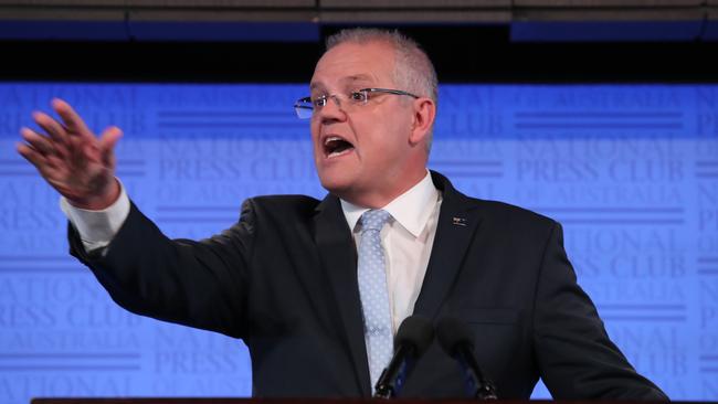 Prime Minister Scott Morrison addresses the National Press Club in Canberra today. Picture: Gary Ramage