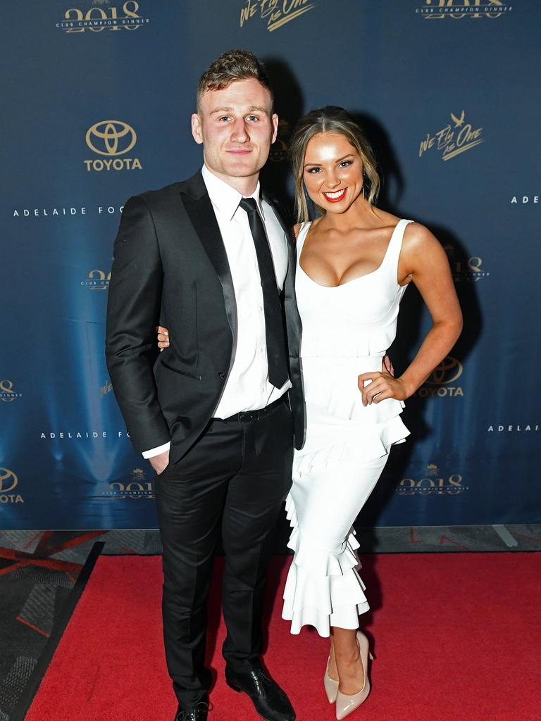 Rory Laird and Lucy McArthur on the red carpet ahead of the Malcolm Blight medal presentation night at the Adelaide Entertainment Centre.