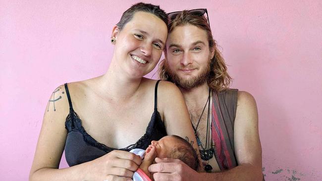 India Hodgkins with her partner Jordan Austin and their baby boy Neo are stranded in Nepal. Picture: Supplied