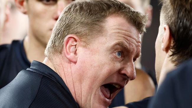 Michael Voss tries to fire his players up at Marvel Stadium. Picture: Michael Willson/AFL Photos via Getty Images