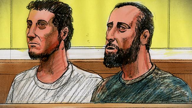 An artist’s sketch of Hamza Abbas (right) and Ahmed Mohamed facing the Melbourne Magistrates Court. Picture: Nine News