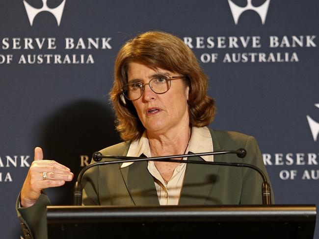 SYDNEY, AUSTRALIA - NewsWire Photos SEPTEMBER 24 , 2024:   Reserve Bank Governor Michele Bullock holding a press conference discussing the Reserve Bank Board's monetary policy decision. Rates will remain the same for now until inflation drops further. Picture: NewsWire / John Appleyard