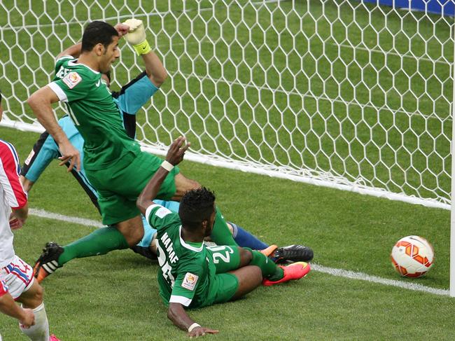 Asian Cup match, Group B, North Korea v Saudi Arabia at the Melbourne Rectangular Stadium. Melbourne Australia 14th January. Nawaf Al Abid of Saudi Arabia scores after hos penalty was saved by Ri Myong-Guk of North Korea . Picture : George Salpigtidis