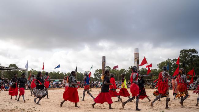 Numbulwar red flag dance at day one of Garma Festival on Friday August 2023. Picture: Pema Tamang Pakhrin