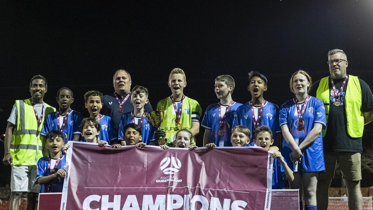 Rockville Rovers White are grand final champions after defeating USQ FC in Football Queensland Darling Downs Community Juniors U13 Div 1 Maroon at Clive Berghofer Stadium, Friday, August 30, 2024. Picture: Kevin Farmer