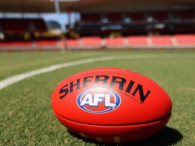 SYDNEY, AUSTRALIA - MARCH 19: A match ball Sherrin is seen during the round one AFL match between Greater Western Sydney Giants and Adelaide Crows at GIANTS Stadium, on March 19, 2023, in Sydney, Australia. (Photo by Cameron Spencer/AFL Photos/Getty Images)