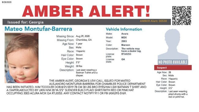 An alert was issued for one-year-old Mateo who found later that day unharmed. Picture: Amber Alert