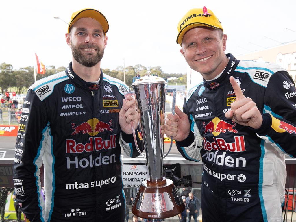 BATHURST, AUSTRALIA - OCTOBER 18: In this handout photo provided by Edge Photographics Shane van Gisbergen and Garth Tander drivers of the #97 Red Bull Holden Racing Team Holden Commodore ZB to celebrate after winning the Bathurst 1000 which is part of the 2020 Supercars Championship, at Mount Panorama on October 18, 2020 in Bathurst, Australia.    (Photo by Handout/Mark Horsburgh/Edge Photographics via Getty Images)