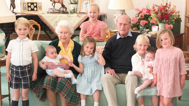 Kate’s photo. Queen Elizabeth and Prince Philip, with their great grandchildren in 2018. Picture: The Duchess of Cambridge via Getty Images