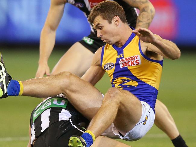 West Coast’s Jamie Cripps received a free kick after colliding into Collingwood’s Tom Phillips. Picture: Getty Images