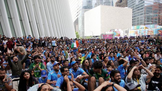 Fans gather at the Oculus in Lower Manhattan to watch the ICC men's Twenty20 World Cup. Photo by Leonardo Munoz / AFP.