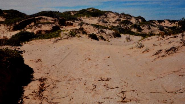 A photo of tyre tracks in sand dunes, submitted as evidence as part of the Salt Creek trial. Picture: Supreme Court