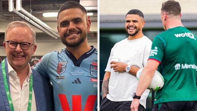 Latrell Mitchell with Anthony Albanese and back at Souths training. Photos: Instagram/X