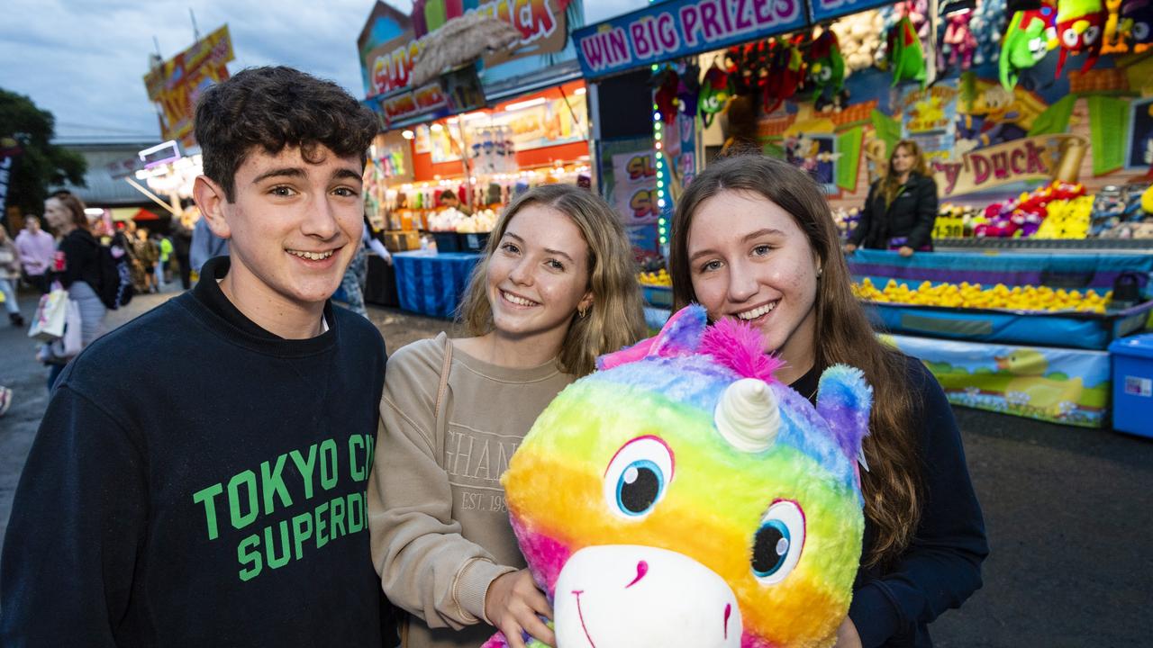 At the 2022 Toowoomba Royal Show are (from left) Charlie Aston, Mackenzie McCauley and Gemma Rub, Saturday, March 26, 2022. Picture: Kevin Farmer