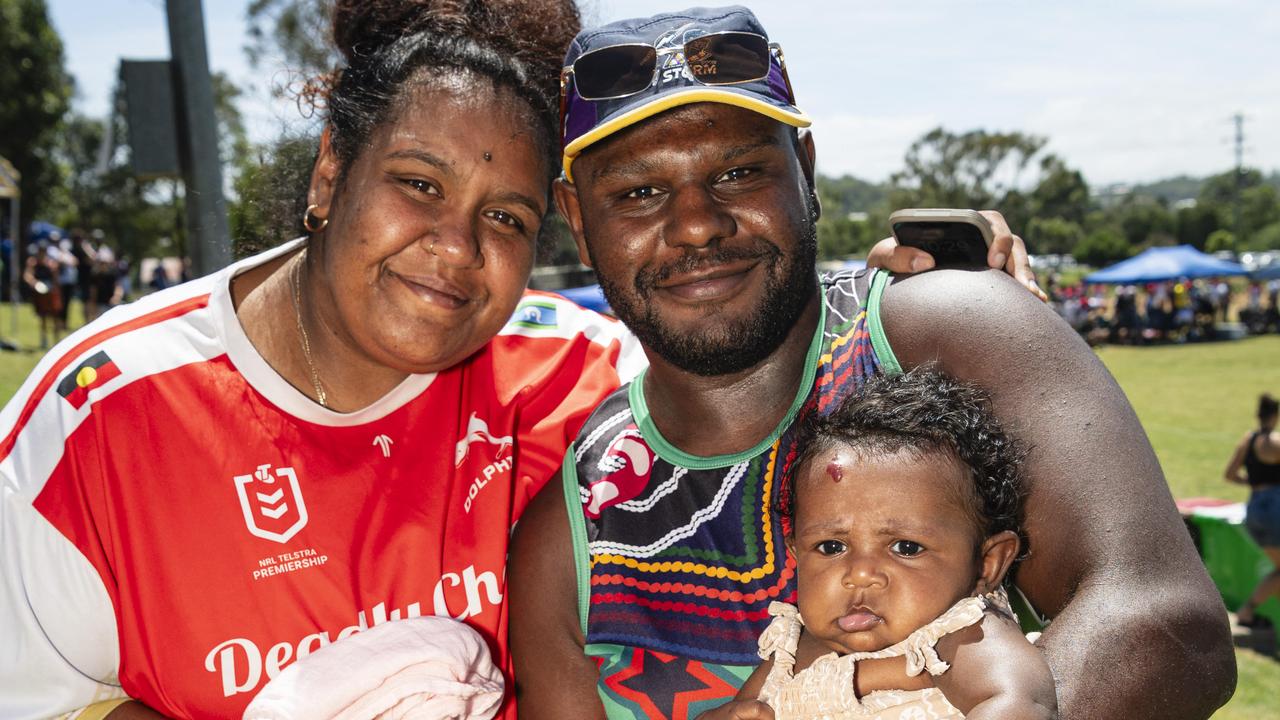 Lanaya Appo and Joseph Baira with baby Kahlea Labdouni at the Warriors Reconciliation Carnival at Jack Martin Centre, Saturday, January 25, 2025. Picture: Kevin Farmer