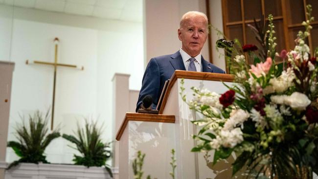 US President Joe Biden delivers remarks at the St. John Baptist Church in Columbia, South Carolina,  He vowed to strike back after a drone attack he blamed on Iran-backed militant groups killed three US troops in Jordan.