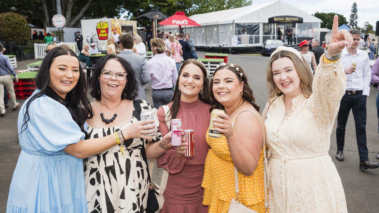 At 2023 Audi Centre Toowoomba Weetwood race day are (from left) Georgia Strohfeld, Karen Antell, Ashlee Antell, Georgia Antell and Indiah Adams. Picture: Kevin Farmer