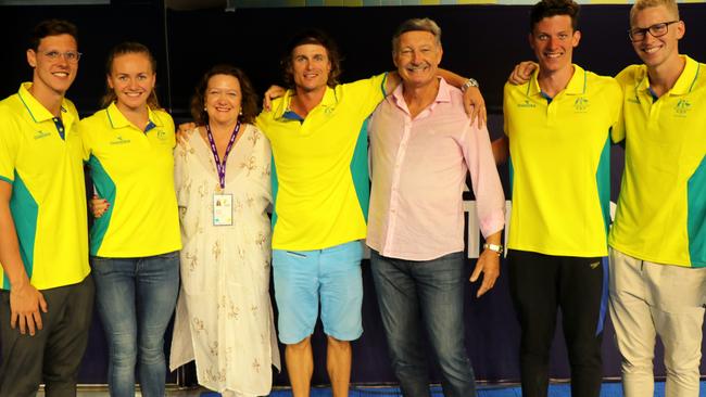 Gina Rinehart with Australia’s superstar swimmers and former Swimming Australia boss John Bertrand Picture: supplied