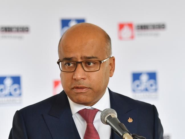 Executive Chairman of GFG Alliance Sanjeev Gupta speaks to the media on the SIMEC ZEN Energy's Cultana Solar Farm site near Whyalla in South Australia, Wednesday, August 15, 2018. (AAP Image/David Mariuz) NO ARCHIVING