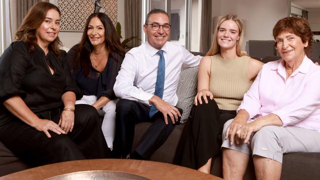 Premier Steven Marshall and his family, sisters Jenny Richardson, Kerrin Barreau, mother Barbara Marshall and daughter Georgie Marshall. Picture: Kelly Barnes